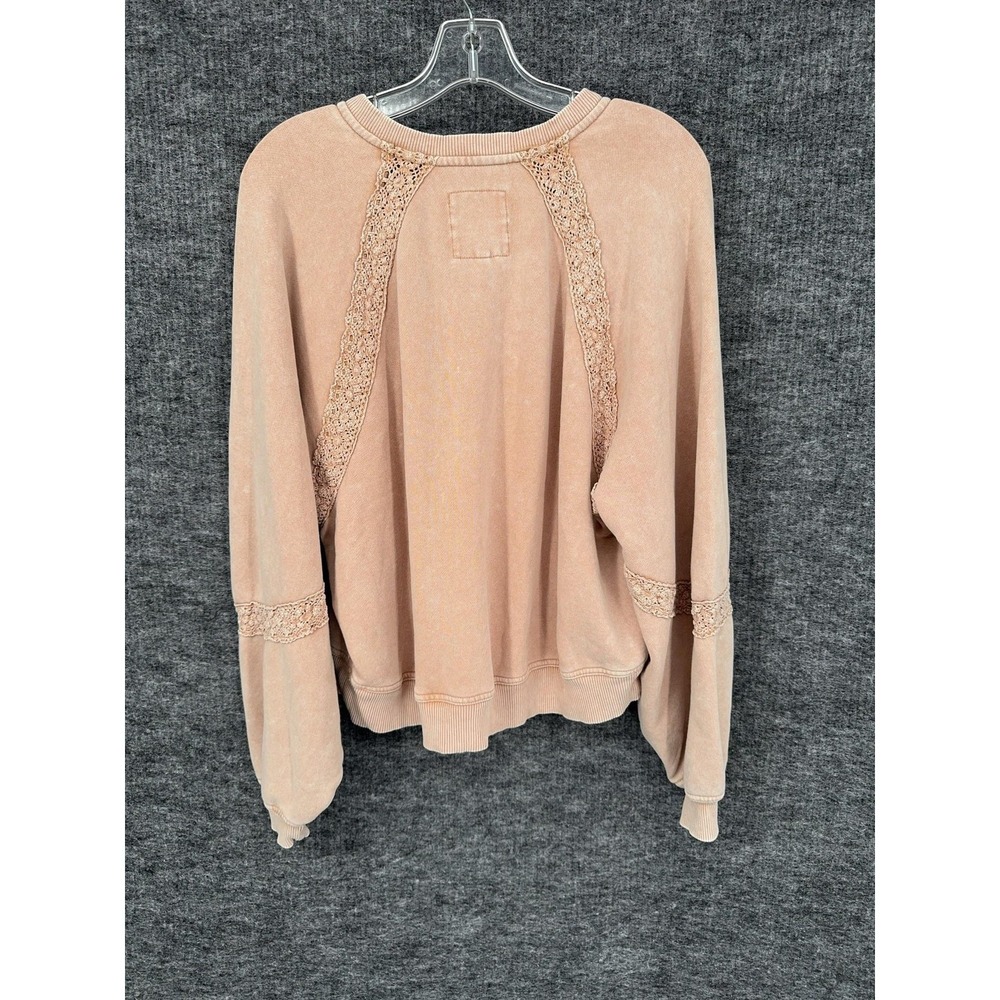 Aerie Sweatshirt Womens XS Pink Crewneck Fleece Pullover Crochet Lace Raglan - Picture 8 of 9